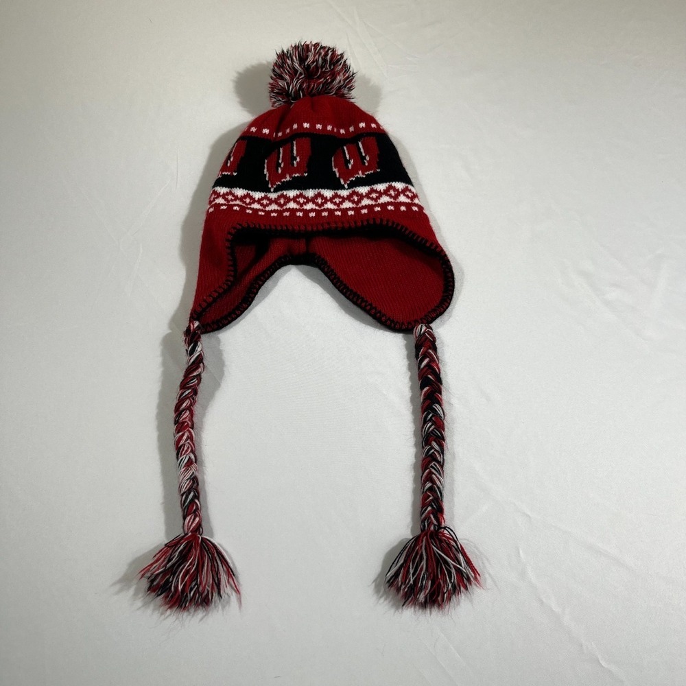 Wisconsin Badgers Knit Earflap Beanie Hat Pom Braids Red Black White 47 Twins